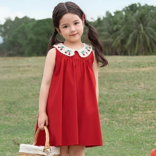 PRINCESS KESLI ชุดเด็กผู้หญิง ฟชันฤดูร้อน คอปกเชอร์รี่ กระโปรงทรูงเอเจ้าหญิงน่ารักและหวาน 1-11 ปี