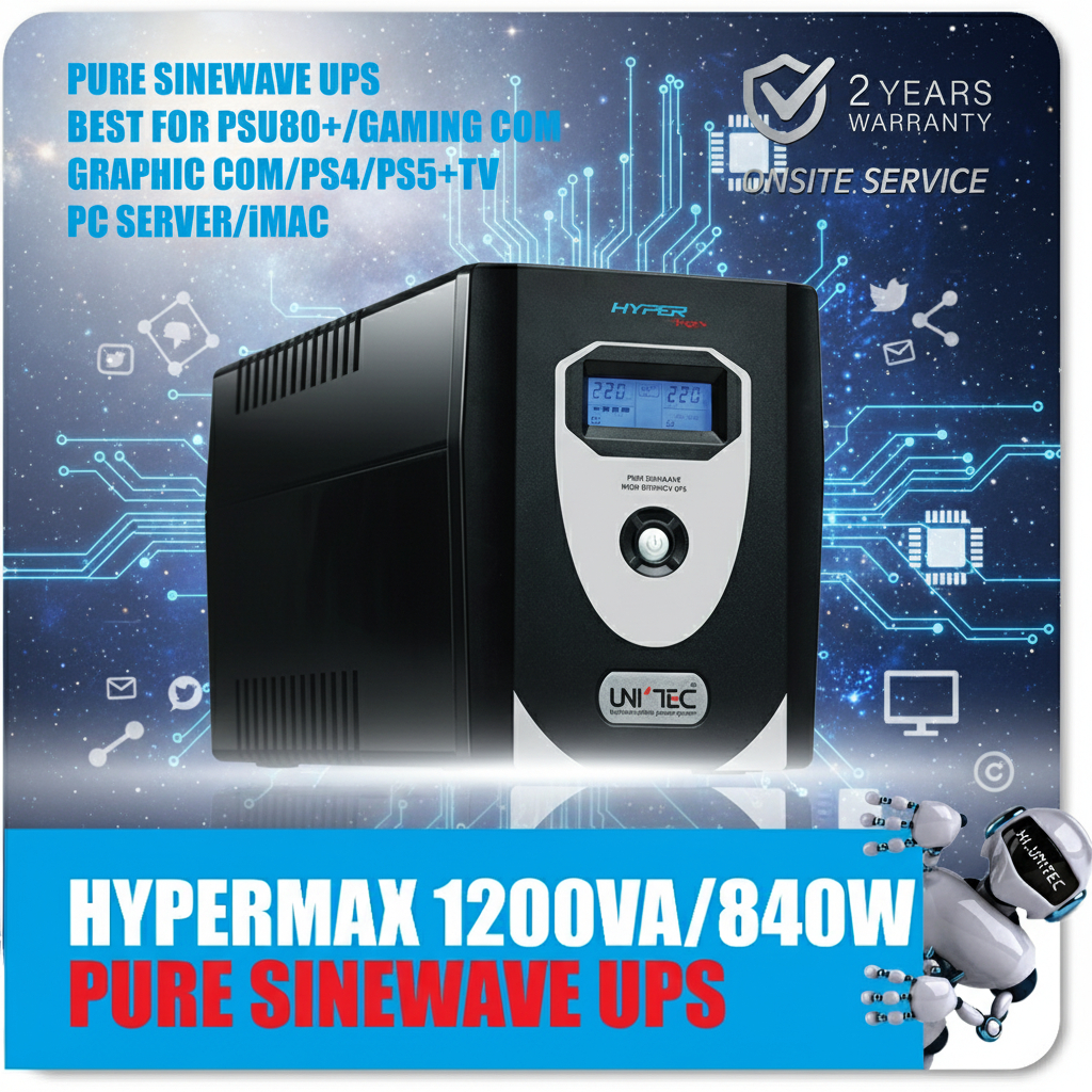 UPS 1200VA/840W HYPER-MAX UNITEC เกรดพรีเมี่ยม เพียวซายน์เวฟ100% สำหรับคอมประกอบ/PSU80+/ประกัน 2 ปี 