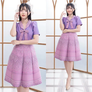 [พร้อมส่ง] ชุดเดรสผ้าทอลายไทย กั๊กสีพื้น คอปก แต่โบว์ อัดกาวทั้งชุด