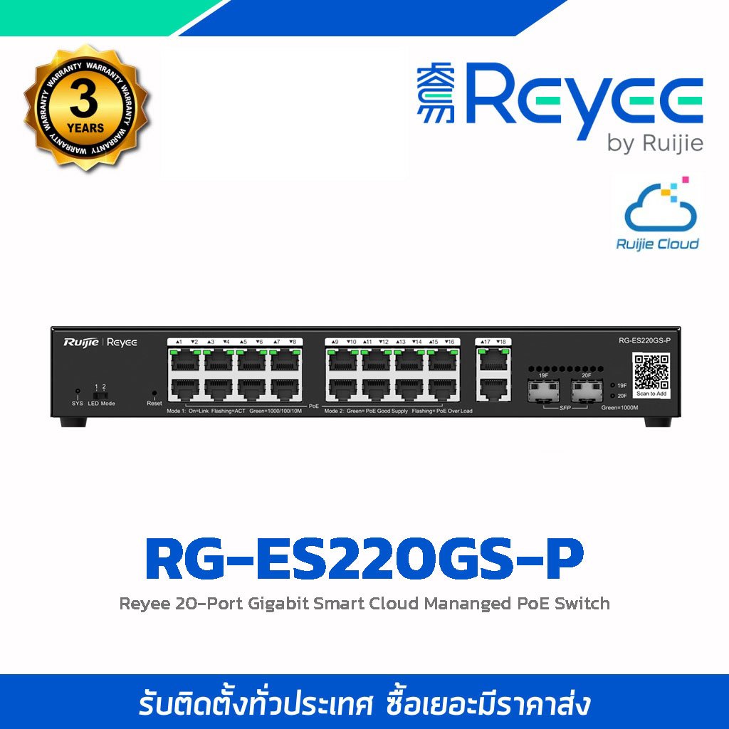 Reyee อุปกรณ์PoEสวิตซ์ รุ่น RG-ES220GS-P ที่มีการจัดการขนาด 20 พอร์ต รองรับ Cloud Managed