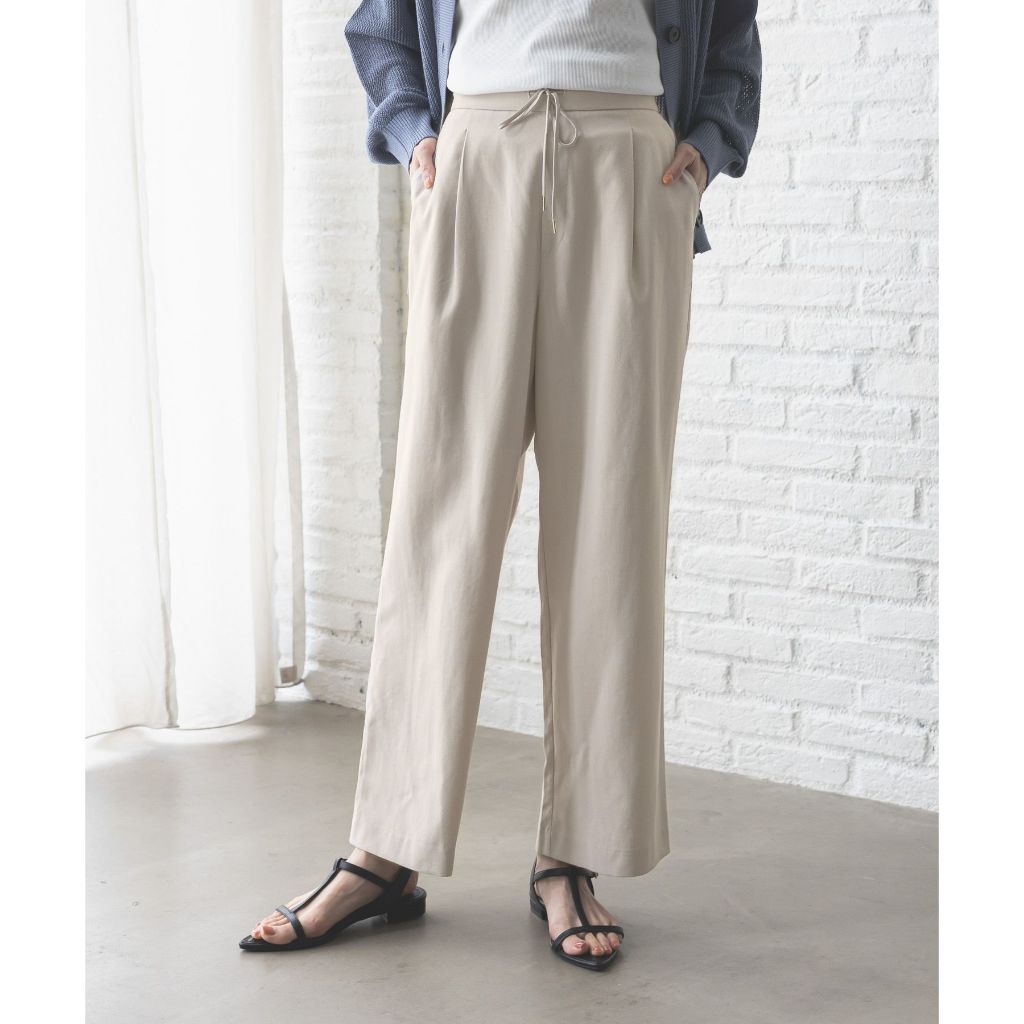 GLOBAL WORK กางเกงขายาว ขอบเอวยางยืด สัมผัสเย็นสบาย Easy-care Linen Straight Pants