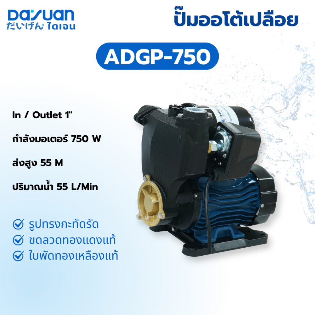 DAYUAN PUMP  ปั๊มออโต้เปลือย รุ่น ADGP750 ท่อ1นิ้ว กำลัง750W ใบพัดทองเหลือง