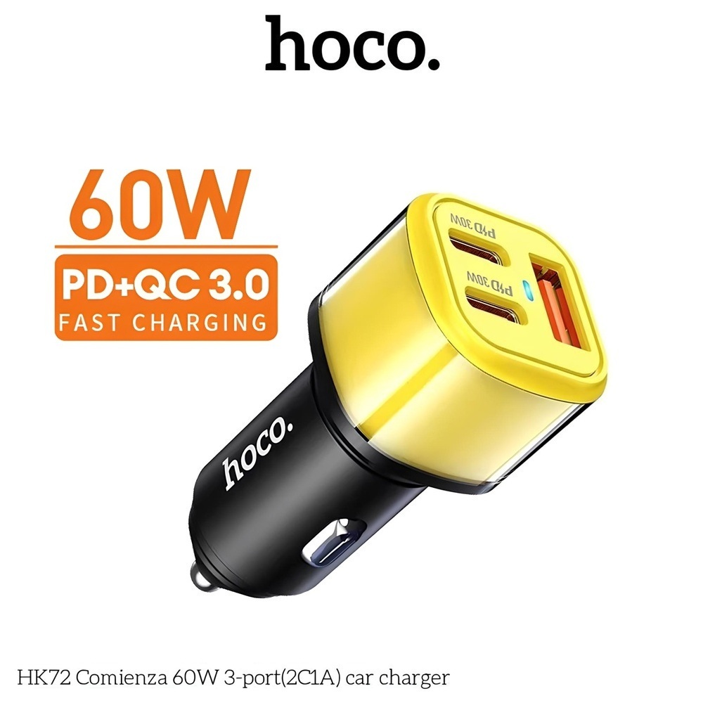 HOCO HK72 หัวชาร์จในรถ 3 พอร์ต ชาร์จเร็ว PD 30W + QC 3.0 สูงสุด 60W พอร์ตชาร์จ Type-C x 2 / USB x 1