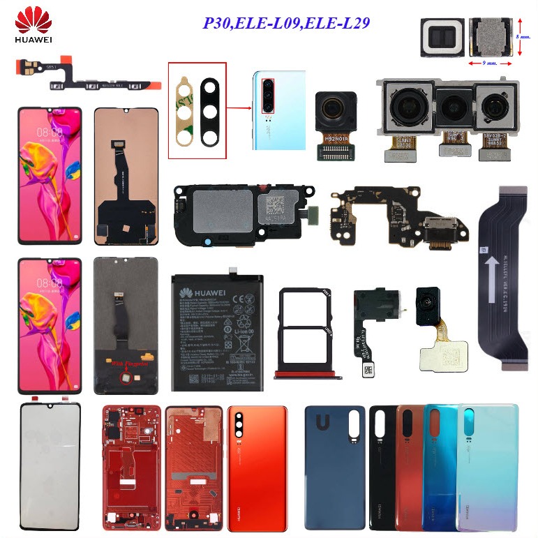 อะไหล่มือถือ Huawei P30,ELE-L09,ELE-L29/สายแพร/ลำโพงหูฟัง/กระดิ่ง/กระจก/กล้อง/ถาดใส่ซิมการ์ด/บอดี้/ฝาหลัง/แบต HB436380EC