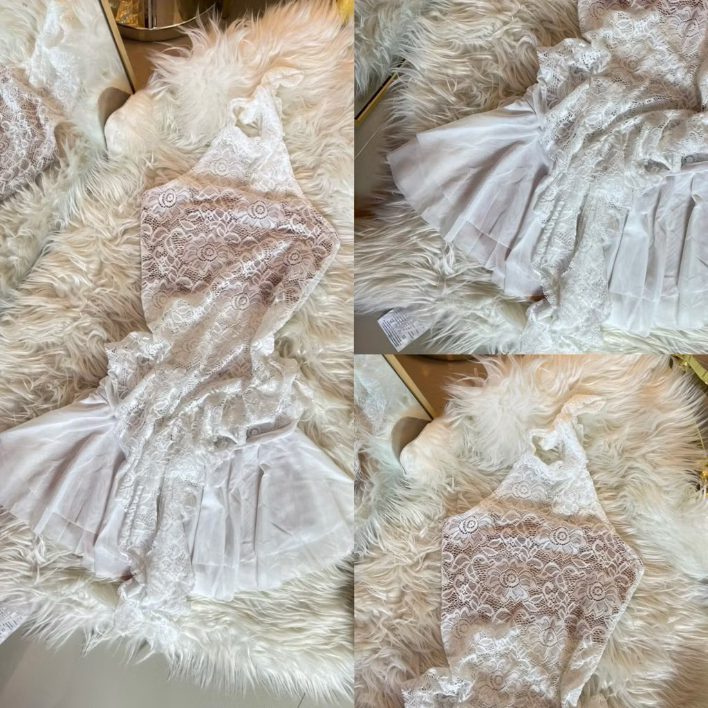 Set เสื้อลูกไม้ผูกคอแต่งชายระบายกระโปรงตาข่ายซีทู MB (FFF)