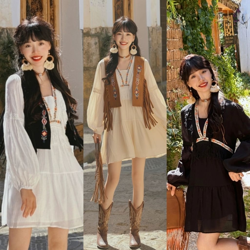 ‼️กทม.ส่งด่วน‼️(เก็บโค้ดลด-ส่งฟรี)🌴มีแบบ SET ด้วย!🪬มินิเดรสสั้นโบฮีเมี่ยน มินิเดรส🍂งานโบฮีเมี่ยนน่ารักค่ะ🍂