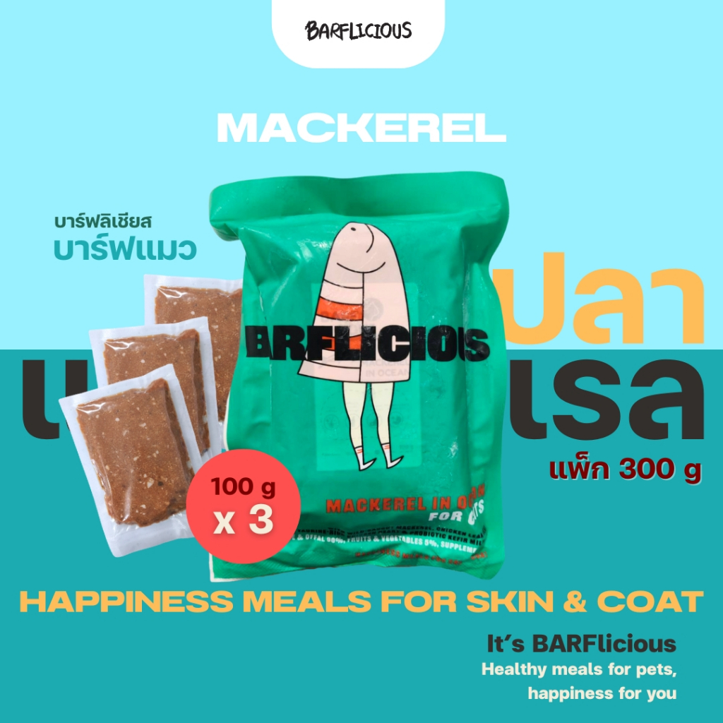 (แพ็กเล็ก 100 g 3 ห่อ)บาร์ฟแมวสมดุลแช่แข็ง BARF สูตรแมกเคอเรลผสมไก่ MACKEREL IN OCEAN แพ็กรวม 300 กรัม