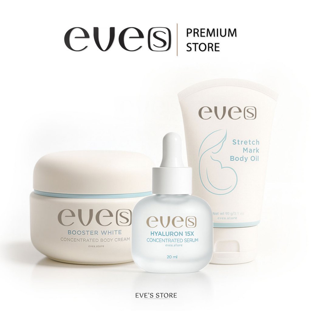 EVES อีฟส์ เซตคุณแม่ผิวชุ่มชื่น บูสเตอร์ อีฟส์ออยล์ เซรั่มไฮยา ลดรอยแตกลาย รอยแผลเป็น ผิวหน้ากระจ่างใส คนท้องใช้ได้