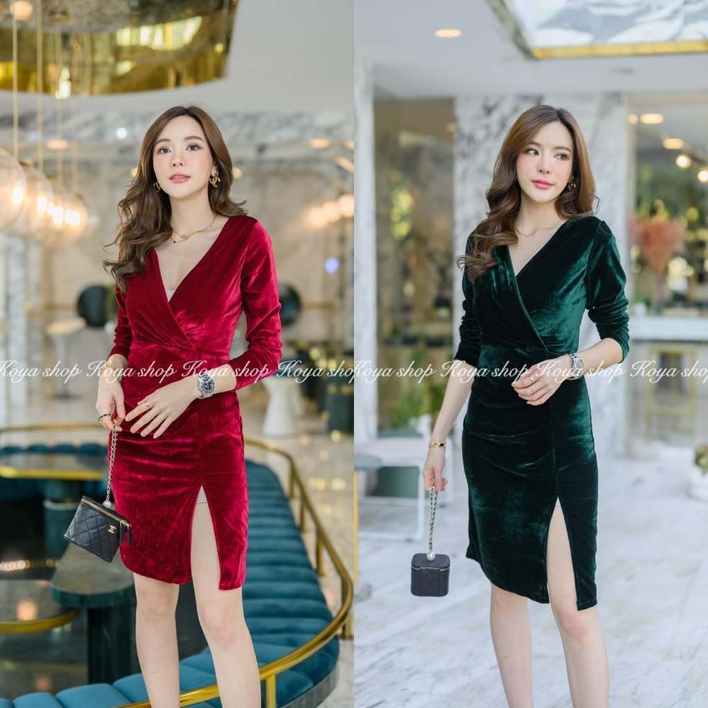 เดรสผ้ากำมะหยี่ สีแดง เขียว สวย ใส่ไปงานเลี้ยง งานแต่ง สวยมาก พร้อมส่ง ผ้ายิดได้เยอะ ใส่ได้ถึง XL