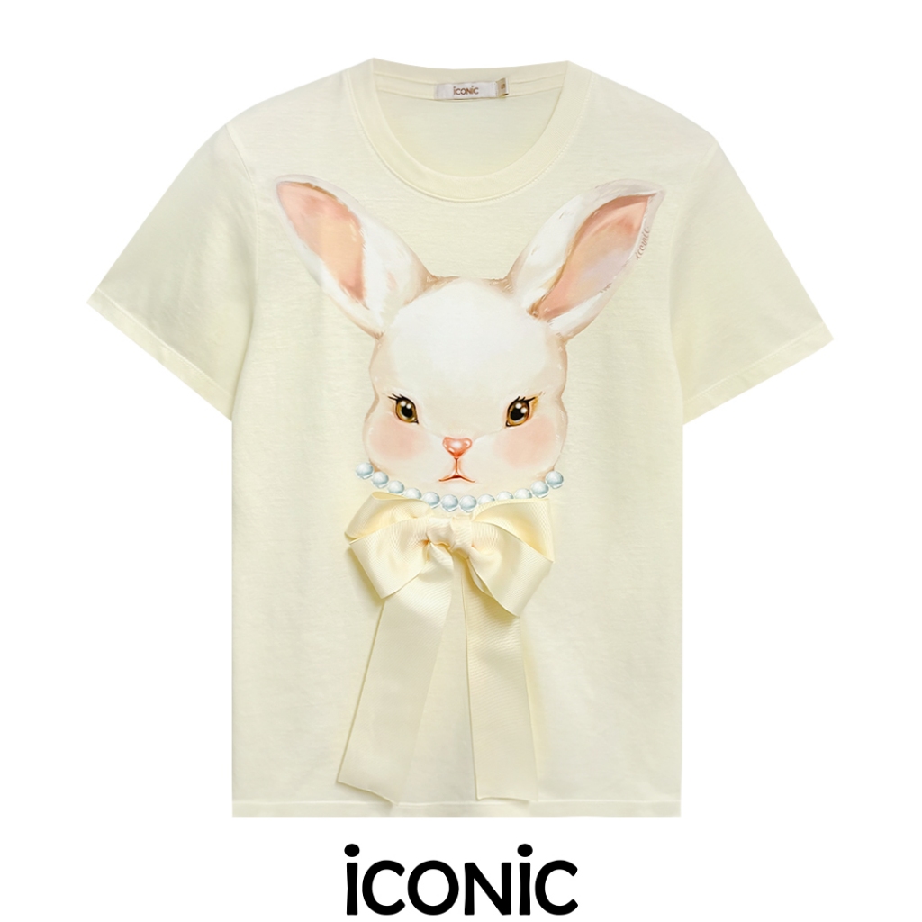 iCONiC MARTHA T-SHIRT #20502 เสื้อเยืด สีครีม พิมพ์ลาย กระต่าย สร้อยมุก ปักโบว์