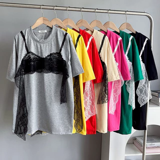 เสื้อยืดแฟชั่นผ้าCotton สกรีนบราตกแต่งลูกไม้