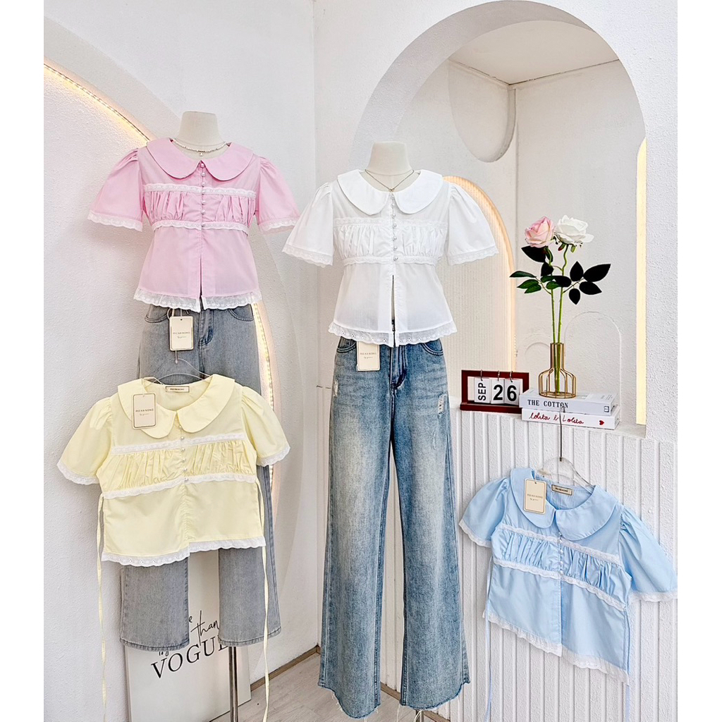 NN739 เสื้อคอบัวผ่าหน้า แขนตุ๊กตาแต่งขอบลูกไม้ Peekanong