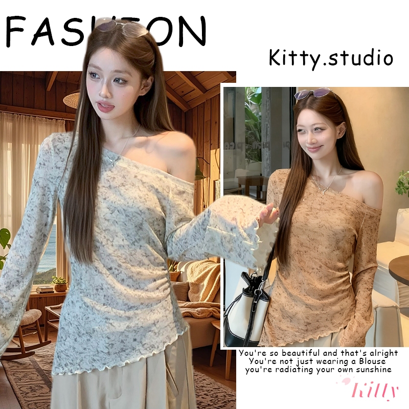 Kitty พร้อมส่ง🌸เสื้อยืดผู้หญิง🌸เสื้อปาดไหล่แขนยาว เสื้อครอปรัดรูป แฟชั่นเกาหลี สไตล์ลำลอง สีมัดยอม ดีไซน์ปายเสื้อเฉียง