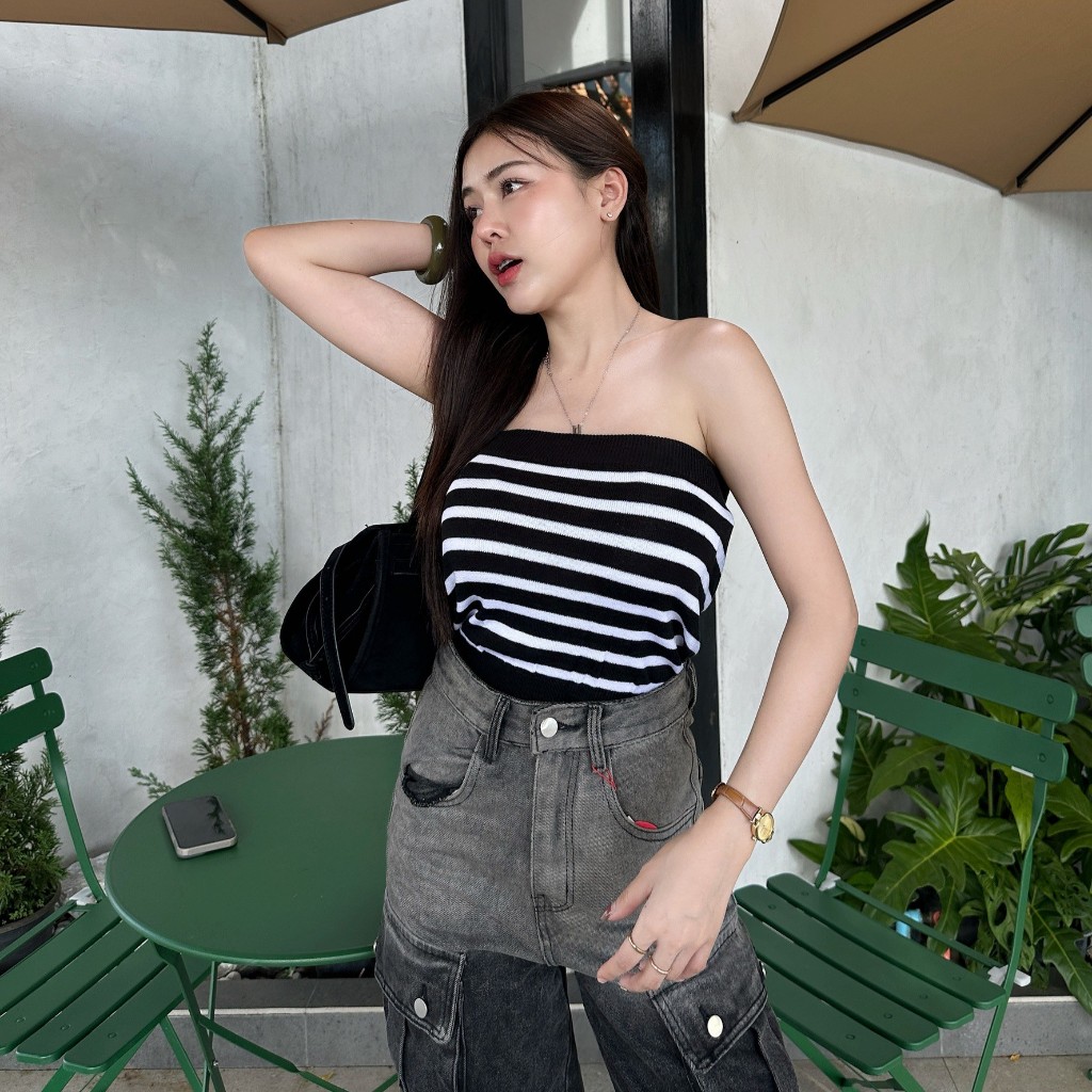 🌈MesubShop🌈เสื้อเกาะอก พร้อมส่ง เกาะอก ผ้าไหมพรมยืดเยอะมาก สาวอวบใส่ได้ ผ้าไหมพรมทอลายสลับสี แมตช์ง่ายทุกลุค รุ่น เบตตี้