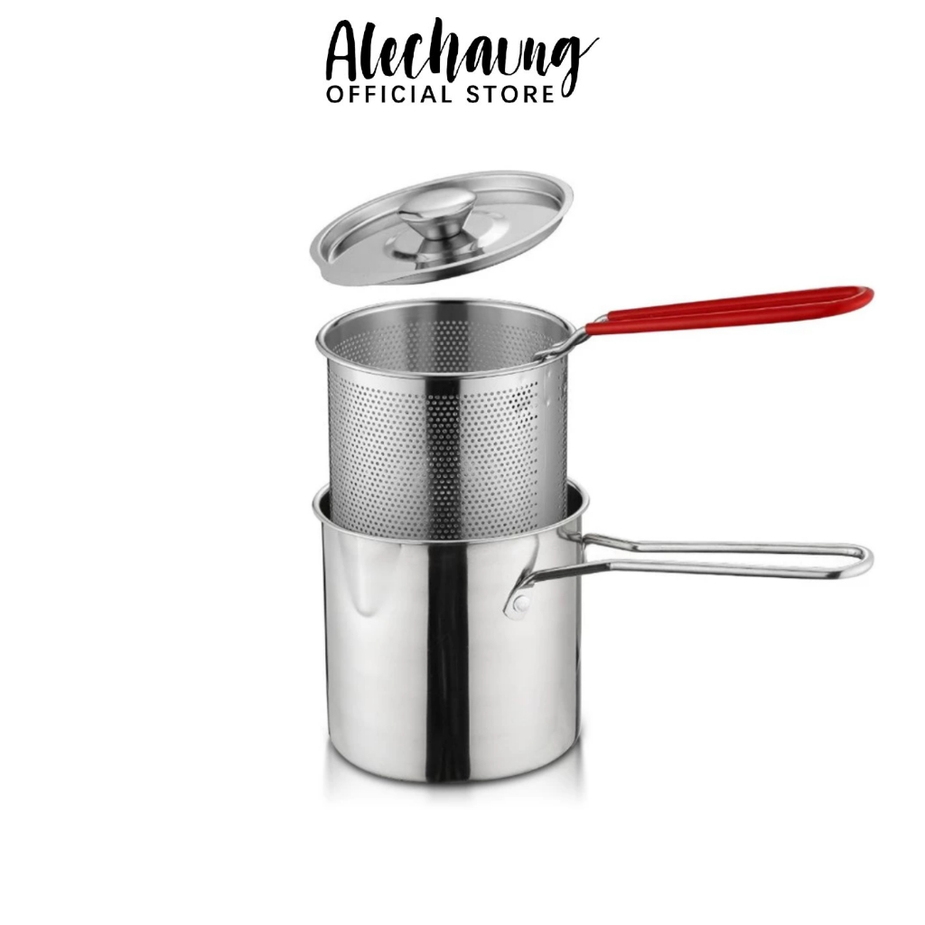 Alechaung หม้อทอดสแตนเลส หม้อกรองน้ำมัน Oil filter pot 1.2l 1.7l พร้อมที่จับ ช่วยกรองน้ำมันได้ดี