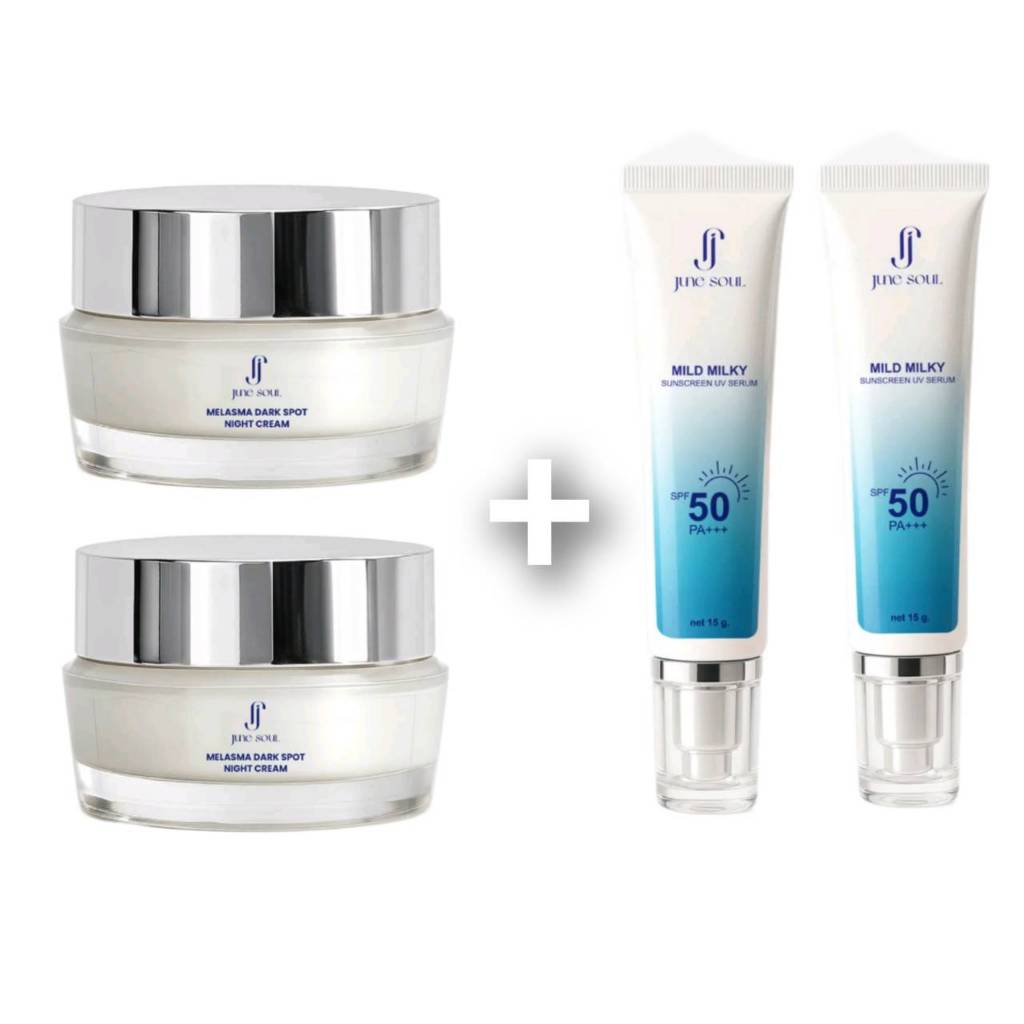 2+2 JUNE SOUL SET [เซ็ทกู้หน้าแพ็คคู่สุดคุ้ม] 2pcs เซรั่มกันแดดสูตรนำ้นม ครีมก่อนนอน ดาร์ก สปอต มอยส