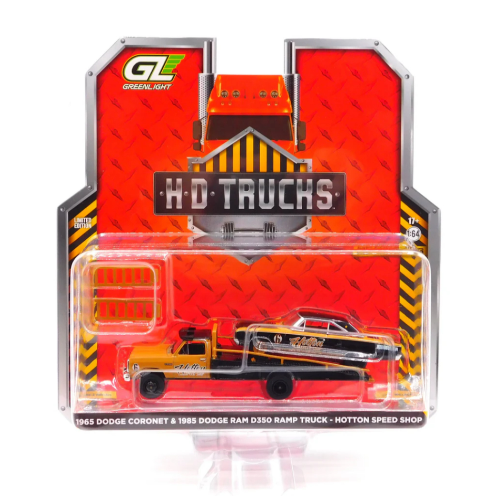 Greenlight | 1985 Dodge Ram D350 Ramp Truck - Hotton Speed Shop with 1965 Dodge Coronet สเกล 1/64 33260