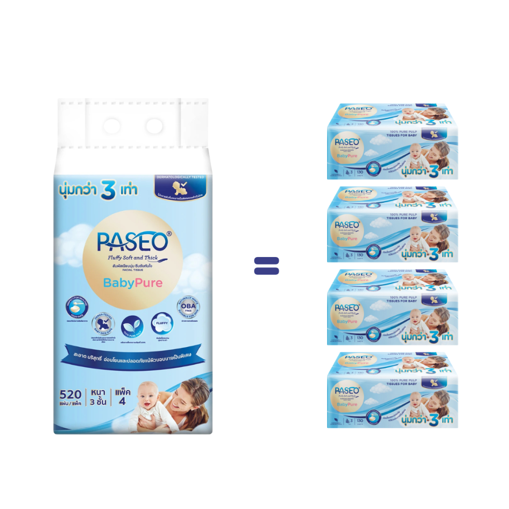 [ยกลัง] PASEO Baby Pure พาซิโอกระดาษทิชชู่หนา 3 ชั้น 130 แผ่น บรรจุ 12 แพ็ก รูปที่ 4