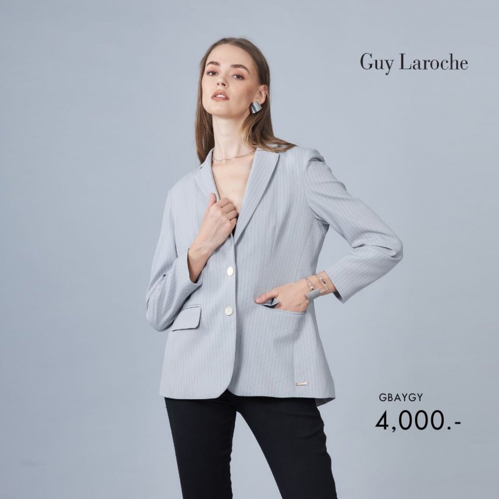 Guy Laroche แจ็คเก็ตผู้หญิงแขนยาว Stripe suiting ทรงสุภาพ สีเทา GBAYGY
