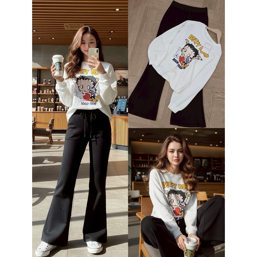 เซต2 ชิ้น Cotton  Candy เสื้อผ้าแขนยาวoversize +กางเกงขาม้า ผ้านาโนทั้งชุด