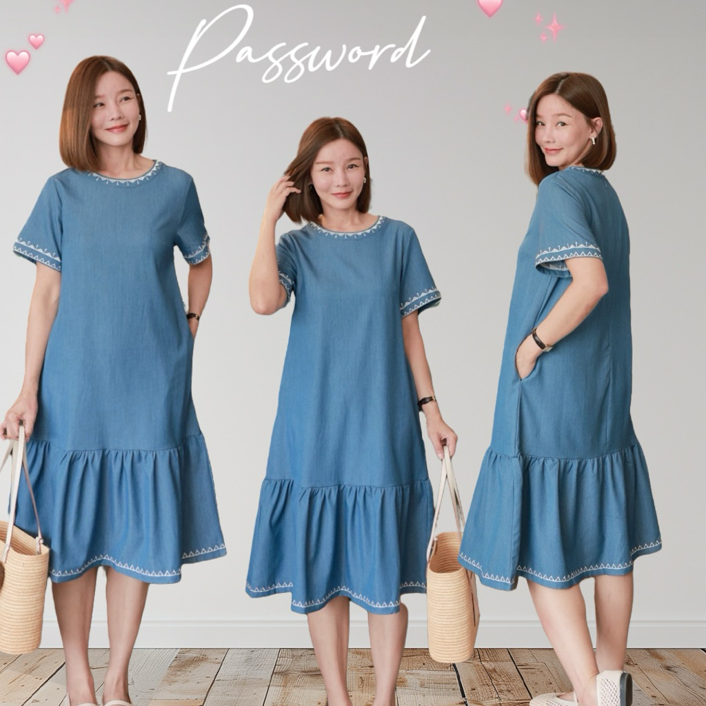 Password 6282 • เดรสยีนส์ชายระบาย ผ้ายีนส์ผสมคอตตอนเนื้อนุ่ม