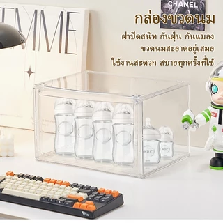 กล่องเก็บขวดนมสำหรับเด็กทารกความจุขนาดใหญ่ สามารถเก็บขวดนม ชาม ช้อน กล่องเก็บของกันฝุ่น 4 ชั้น พร้อมฝาปิด ตู้เก็บของกระจ