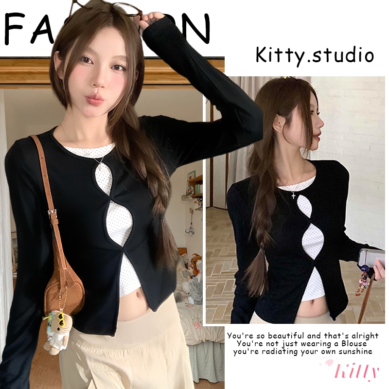 Kittyพร้อมส่ง🌸เสื้อเชิ้ตแขนยาว สองชิ้นติดกัน ทรงรัดรูป ลายโพกาดอท แต่งตัวง่าย เรียบง่าย สีดำ แฟชั่นผู้หญิง สไตล์เกาหลี