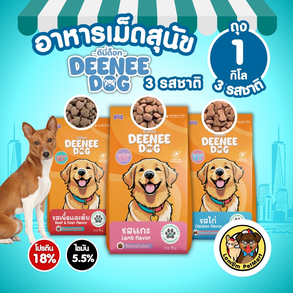 ( 1 kg. ) DEENEE DOG  อาหารเม็ดสุนัขโต รสเนื้อและตับ โปรตีน 18% หอม อร่อย ขั้นต่ำ 2 ถุง
