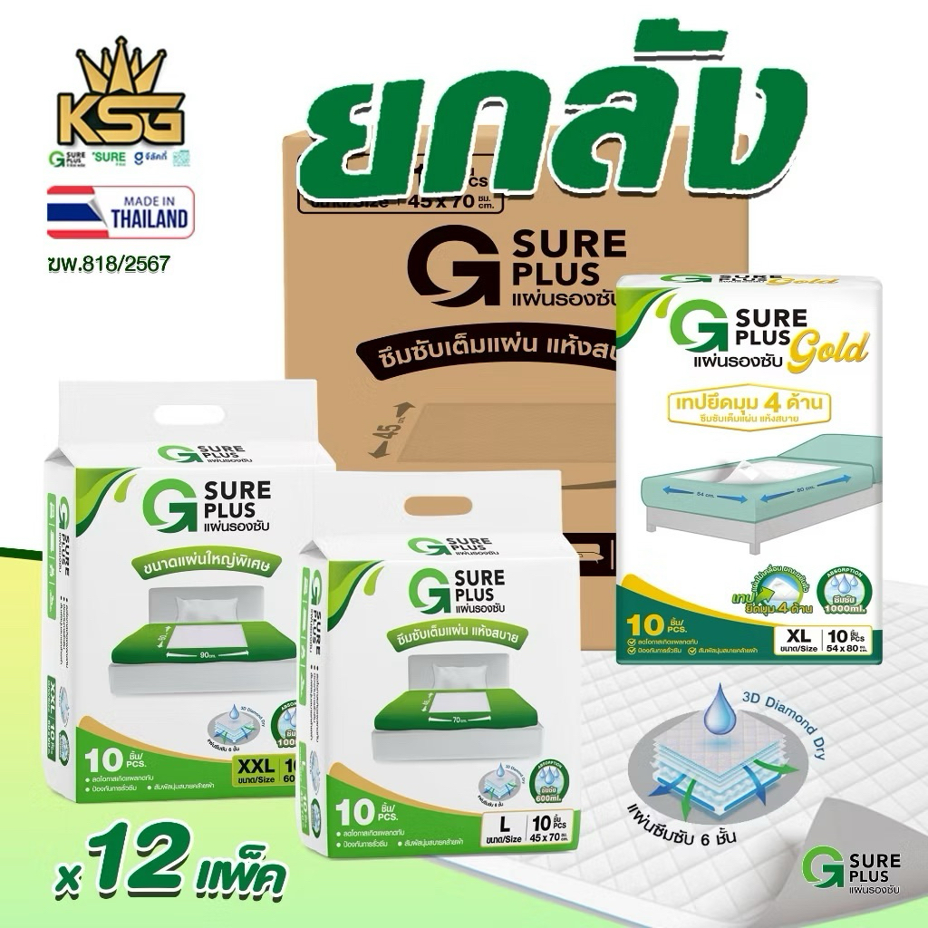จีชัวร์พลัส แผ่นรองซับ ปัสสาวะ แผ่นกันเปื้อน ยกลัง 12 แพ็ค แพ็ค 10 ชิ้น G Sure Plus Adult Disposable
