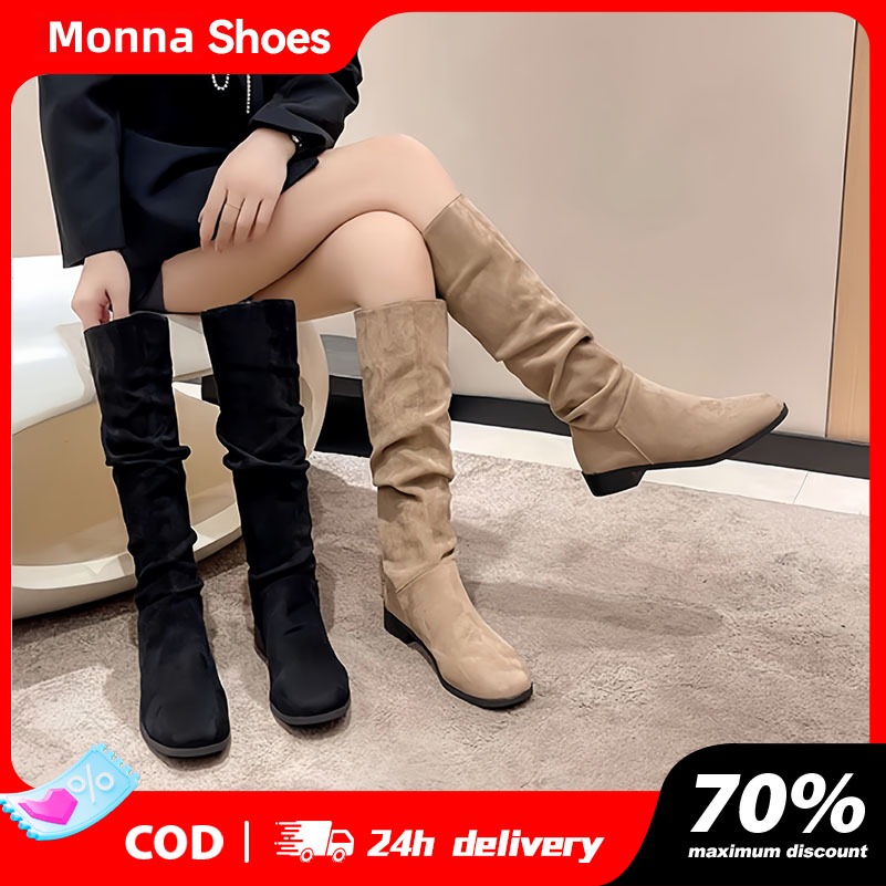 รองบูทส้นหนาแบบเรียบหรูสำหรับผู้หญิง บูทแฟชั่นเหนือเข่า