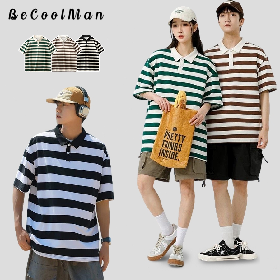 BecoolMan เสื้อโปโลลาย แขนสั้นผู้ชาย ผ่อนปรน แฟชั่นร้อยชุด สบายและระบายอากาศ – โปรปัง