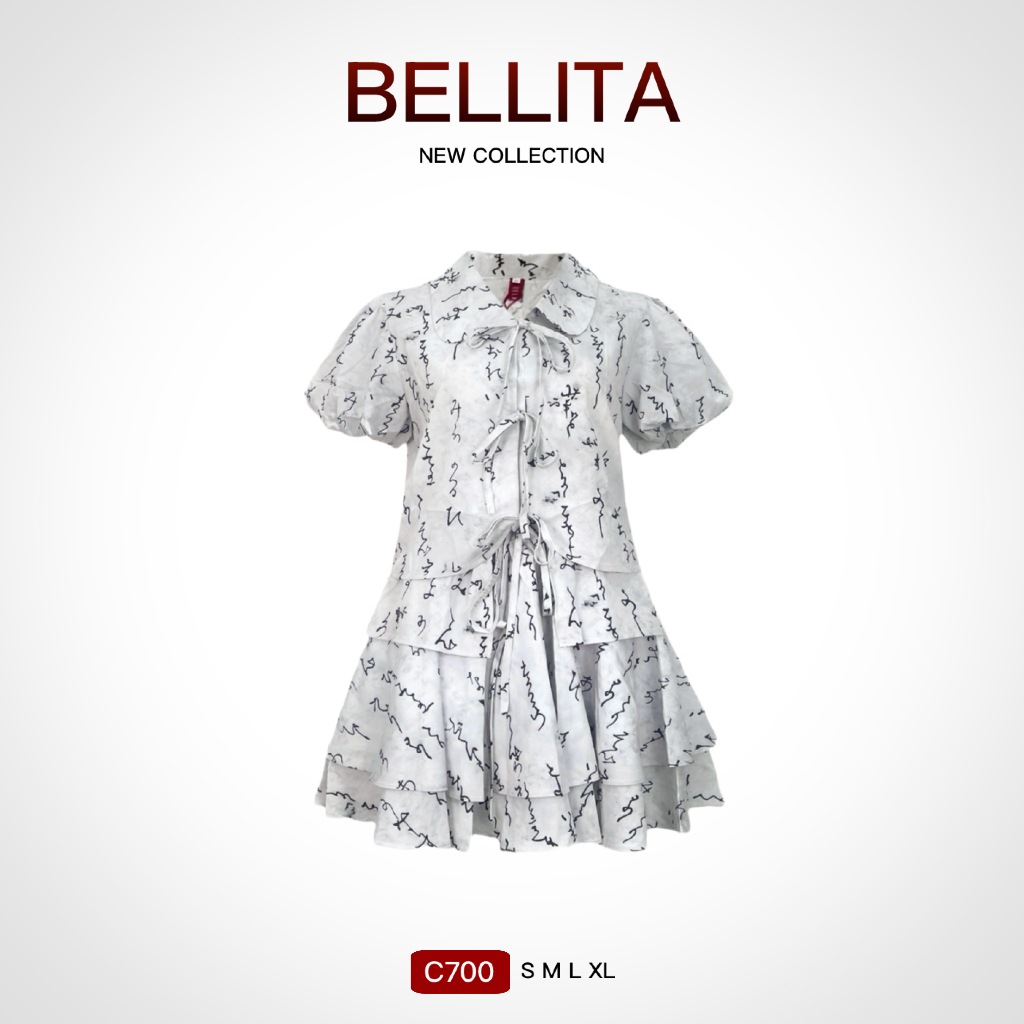 C700 BELLITA เซตเสื้อผูกโบว์หน้ากระโปรงระบายชั้นๆ ใส่เที่ยวคาเฟ่น่ารักๆ