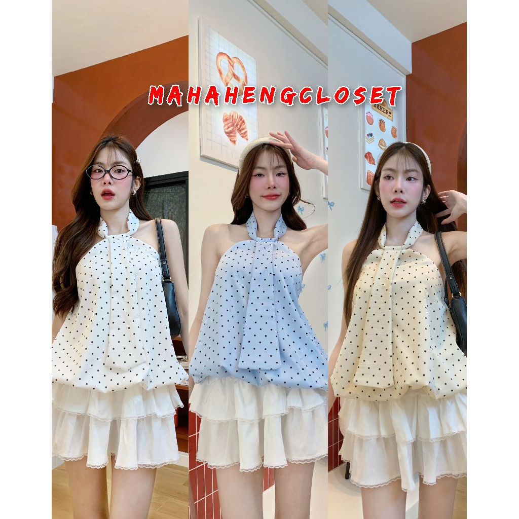 💰MahahengCloset💰เสื้อคล้องคอทรงบอลลูน ลายจุด ดีไซน์เว้าหลังเก๋ๆ เพิ่มความหวานละมุน💕