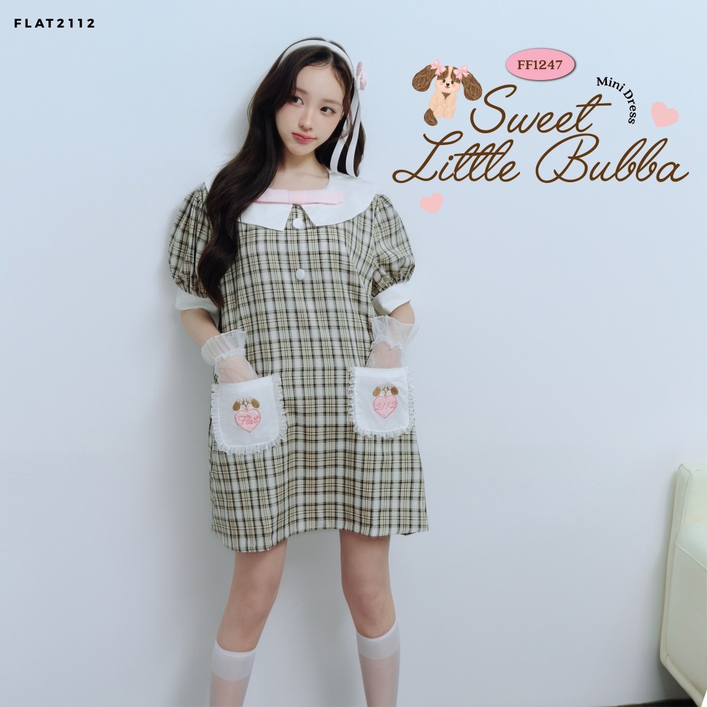 FLAT2112 : SWEET LITTLE BUBBA MINI DRESS มินิเดรสสุดชิค ลายน้องหมา Buba สุดปัง ผ้าลายสก็อต เดรสออกงาน (FF1247)