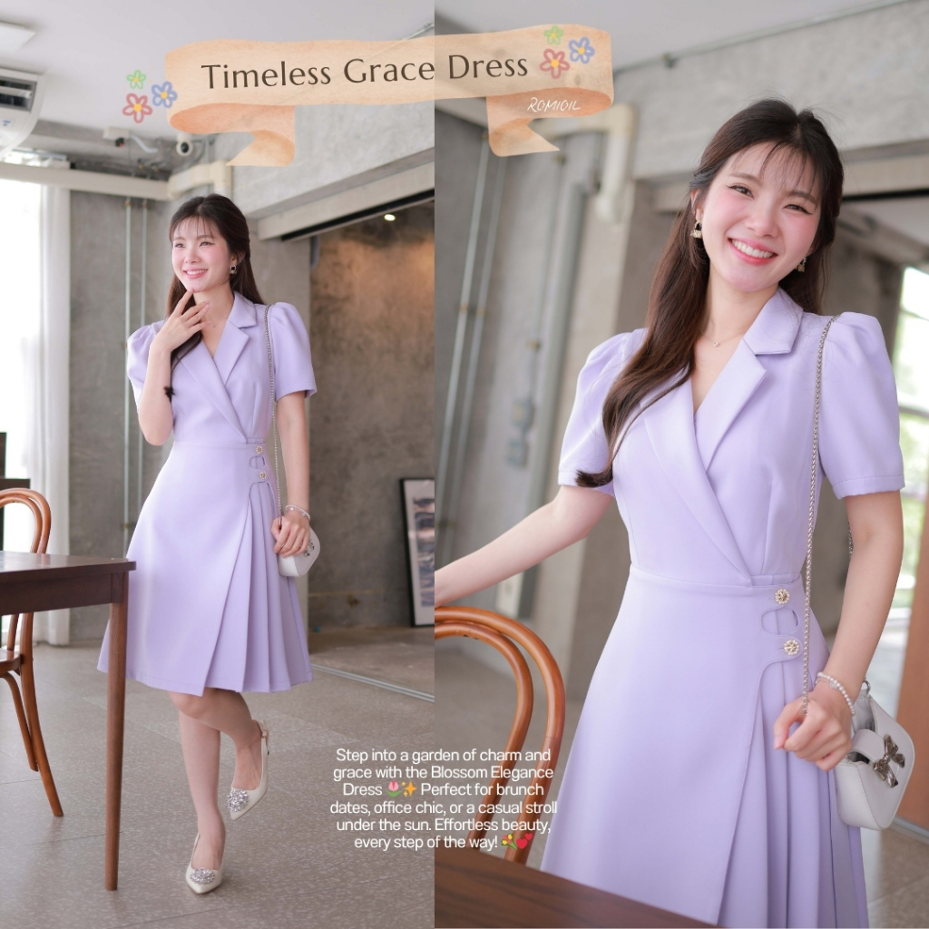 "Romi"Oil" Timeless Grace Dress (Purple) K281 ชุดเดรสสีม่วง (แต่งกระดุมดอกไม้กระโปรงพลีท)