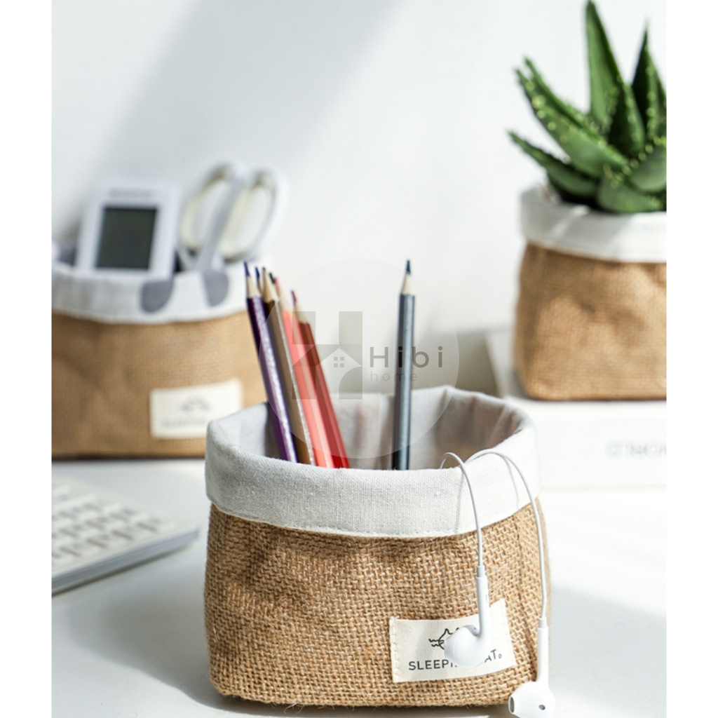 กระเป๋าผ้าตั้งโต๊ะ sleeping cat กล่องผ้าใส่ของอเนกประสงค์สไตล์ญี่ปุ่น มินิมอล เนื้อผ้าลินินธรรมชาติ พับเก็บได้ พกพาสะดวก - รูปที่ 3