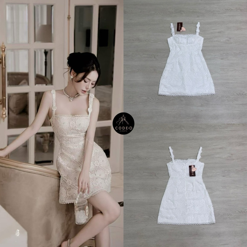 CODE-D CLOSETS มินิเดรสลูกไม้สายเดี่ยว สีขาว ช่วงสายแต่งดอกไม้3D