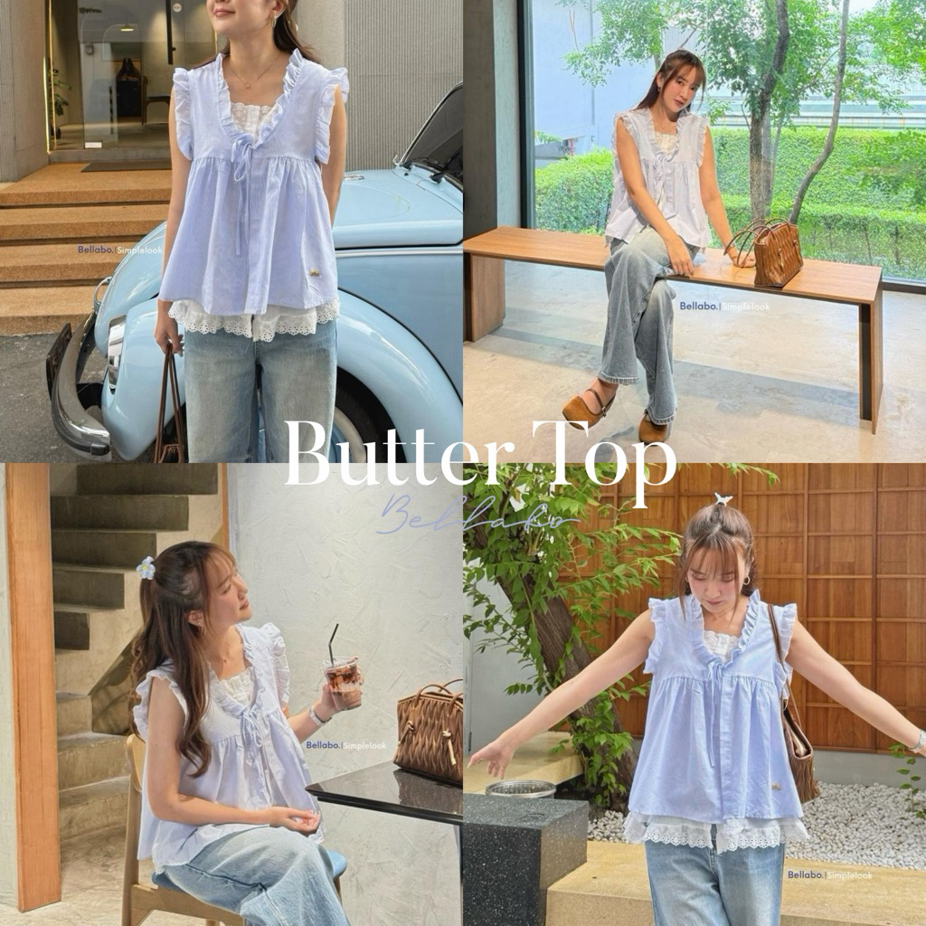 พร้อมส่ง! (BLB) เสื้อแขนกุดสีฟ้าแต่งลูกไม้ รุ่น Butter สุดน่ารัก ผ้าฝ้ายพริ้วใส่สบาย