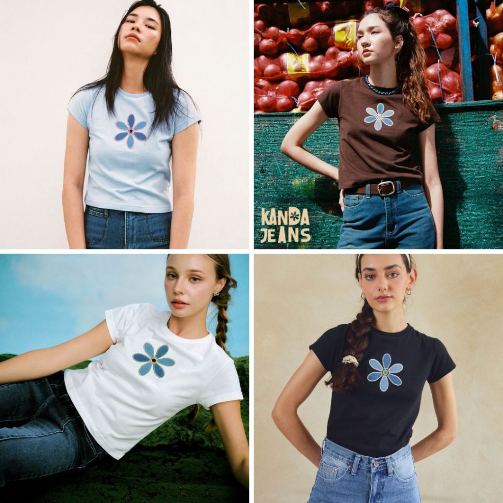 KANDA JEANS : Denim flower t-shirt (super soft) เสื้อยืดปักผ้ายีนส์รูปดอกไม้ เนื้อผ้านุ่ม cotton 100%