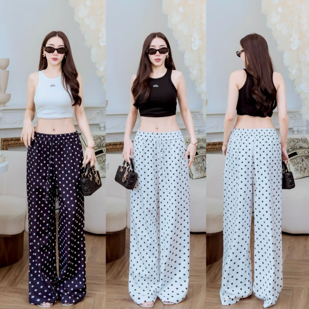 P1589 PrimmmStory กางเกงขายาวลายจุดทรงหลวม เอวสม็อค