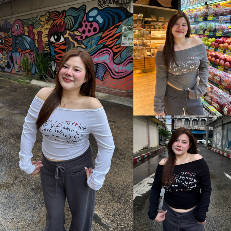 เสื้อปาดไหล่ แขนยาว ปาดไหล่แขนยาว สกรีนลายเต็มๆ ผ้ายืดนิ่มใส่สบายสุดๆ ปาดไหล่ได้หลายแบบ รุ่น ไวกิ้ง LOVELOVE