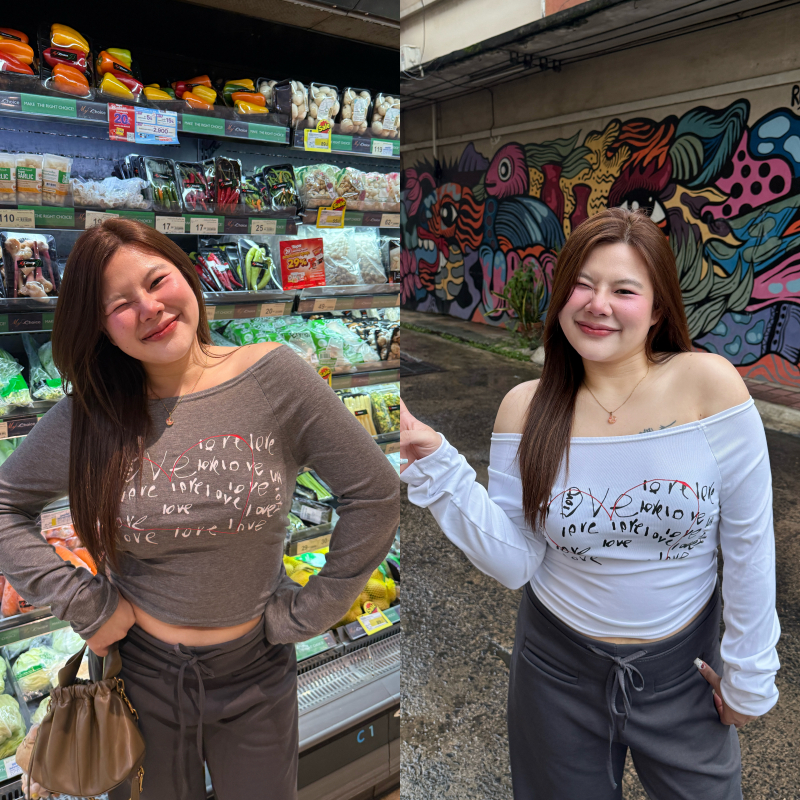 🌈SpinnyHouse🌈เสื้อปาดไหล่ แขนยาว ปาดไหล่แขนยาว สกรีนลายเต็มๆ ผ้ายืดนิ่มใส่สบายสุด ปาดไหล่ได้หลายแบบ รุ่น ไวกิ้ง LOVELOVE