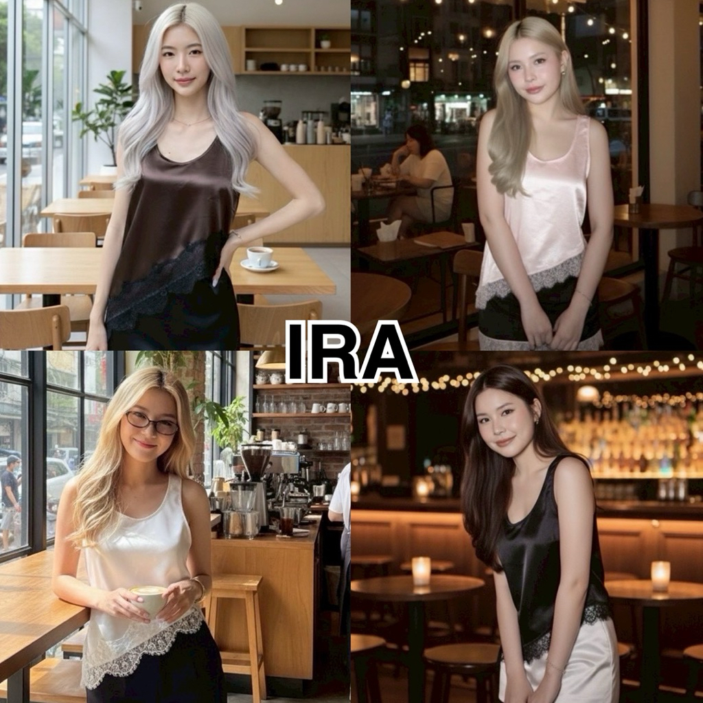 BY IRA  23270 Fluffy TANK TOP  พร้อมส่ง เสื้อกล้ามซาตินแต่งชายผ้าลูกไม้ ชายเฉียง