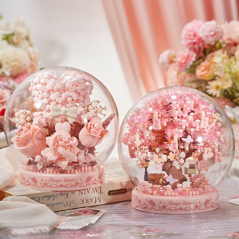 ตัวต่อดอกไม้ ต้นซากุระ ดอกหัวใจ พร้อมฝาครอบ บล็อกตัวต่อดอกไม้ ดอกไม้มีไฟ ของขวัญวันเกิด