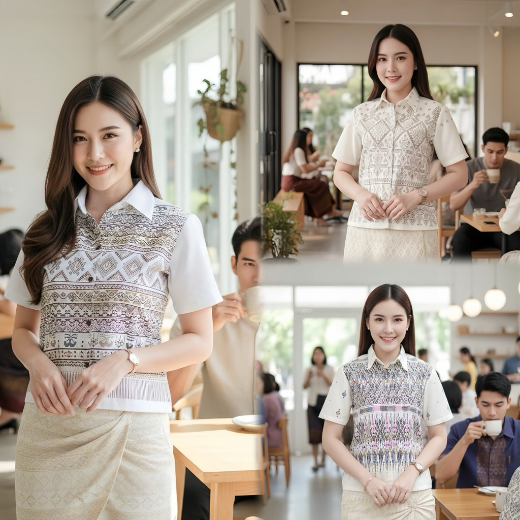 เสื้อพื้นเมืองผู้หญิงคอเชิ้ต ลายไทย แขนสั้น