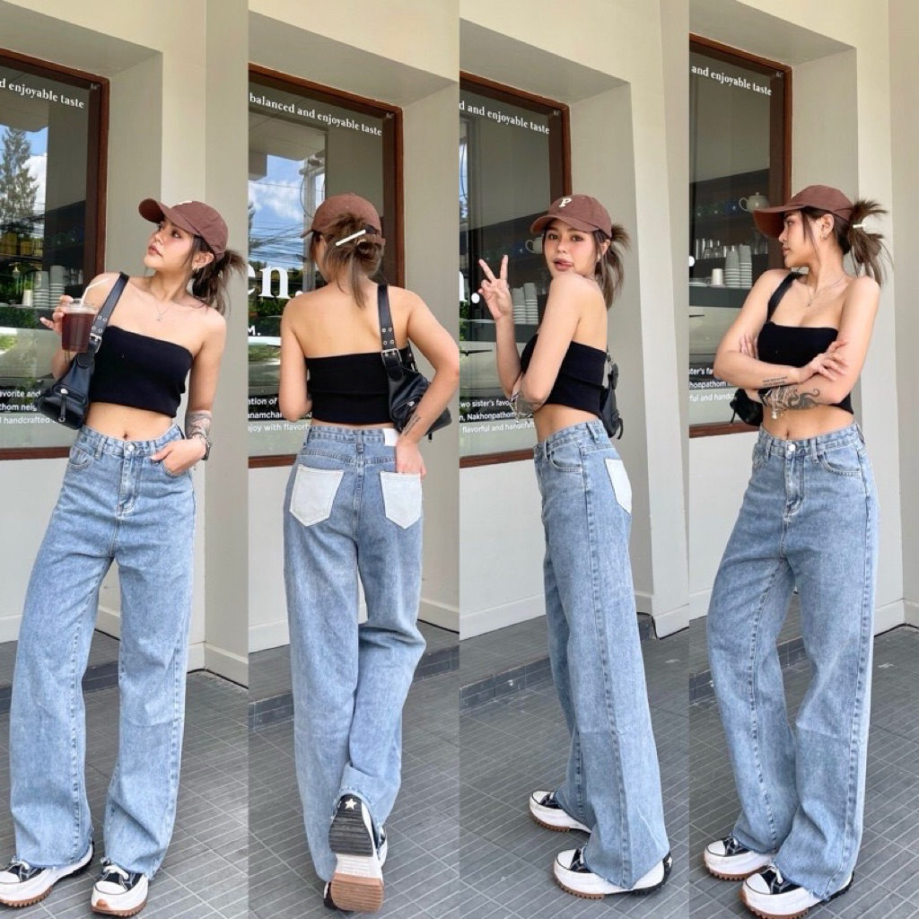 Bave jeans S กางเกงยีนส์ขายาว สียีนส์อ่อน กระเป๋าขาว