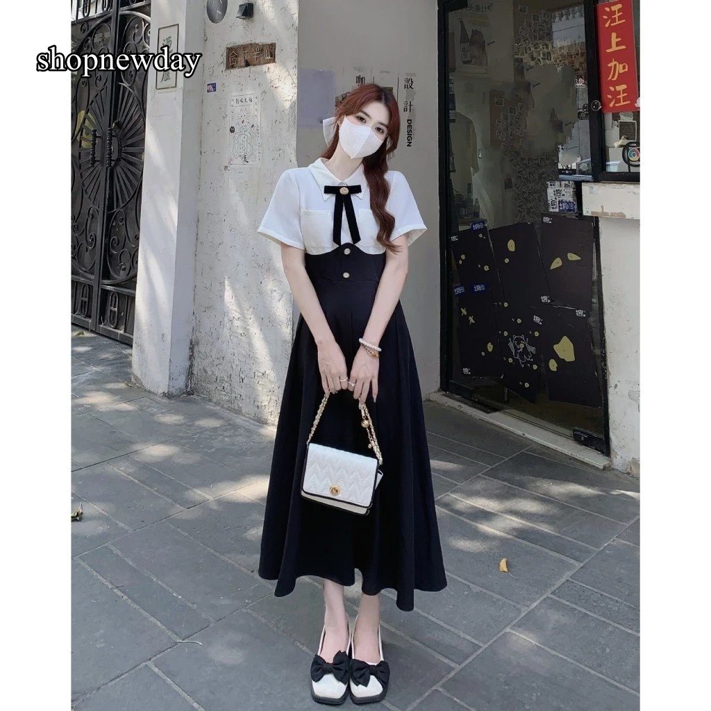เดรสยาว ทรูโทน ผ้าวูลเวฟ ทรงสวย หรู คอปก แต่งโบว์หน้า กระดุมหน้า กระเป๋าหน้า แต่งจีบรอบ A7027