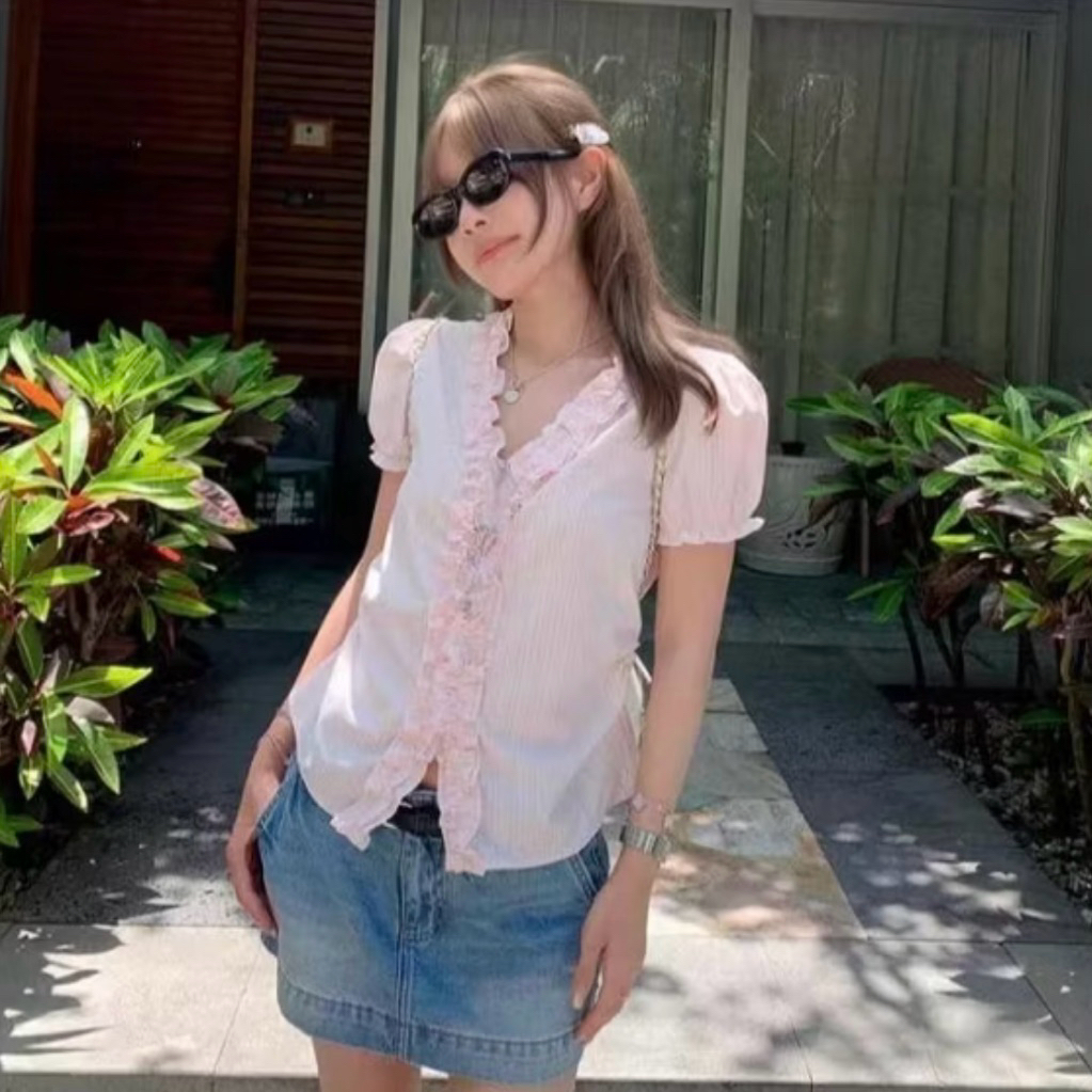 *ส่งต่อ mimi&didi เสื้อเชิ้ตแขนสั้น สีชมพู ใส่ครั้งเดียว