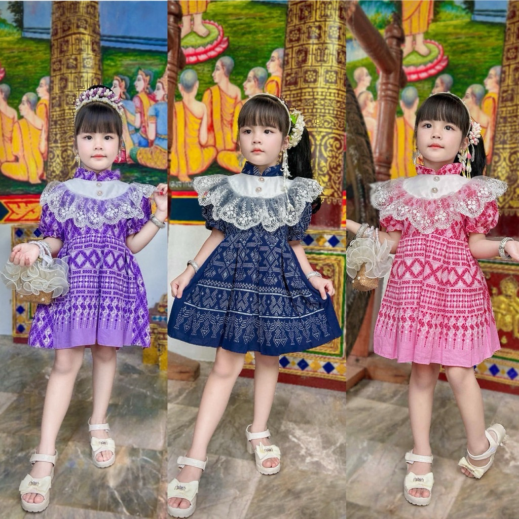 ชุดไทยเดรสลูกสาว🌸 ตกแต่งด้วยลูกไม้สวย น่ารักมาก🌸ดีเทลสวยงามสุดๆ