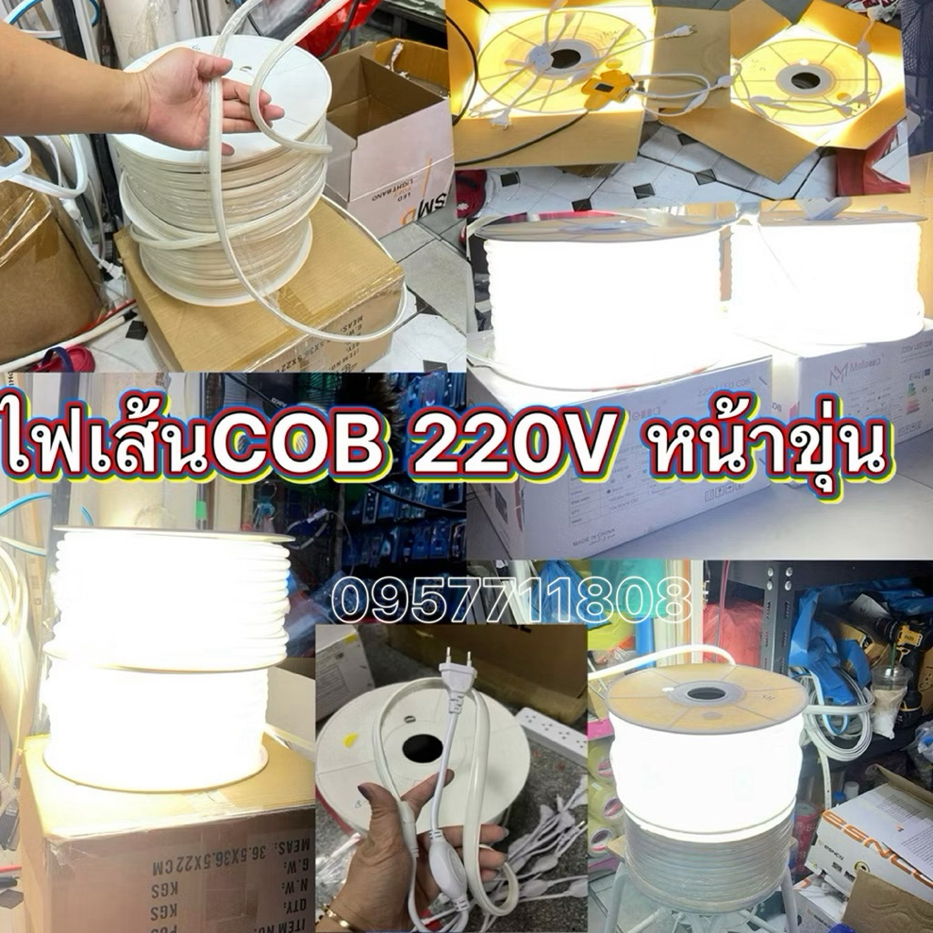 ไฟเส้นCOB 220 โวลต์ตัดได้ทุก 10 เซ็นต์ หน้าขุ่น ม้วน 100 เมตรแถมปลั๊ก 5 ชุด ไม่เห็นเม็ดไฟ LED 288เม็ด/เมตร 220V แสงขาว,